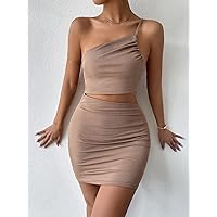 Women's Dress One Shoulder Cut Out Ruched Lace Up Backless Dress (Color : Mocha Brown, Size : Small)