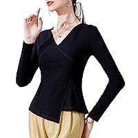 Casual Cotton Tops for Women, Solid V Neck Long Sleeve Irregular Patchwork Blouses Elegant Formal Work Shirt