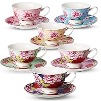 BTaT- Tea Cups and Saucers Set of 6, Tea Set, Floral Tea Cups (8oz), Tea Cups and Saucers Set, Tea Set, Porcelain Tea Cups, Tea Cups for Tea Party, Rose Teacups, China Tea Cups, Mother's Day Gift