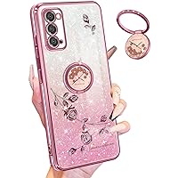 Likiyami (3in1 for Samsung Galaxy Note 20 Case for Women Girls Glitter Girly Cute Bling Flowers Phone Cases with Ring Stand Unique Design Sparkle Floral Shiny Pretty Cover for Galaxy Note 20 5G 6.7''