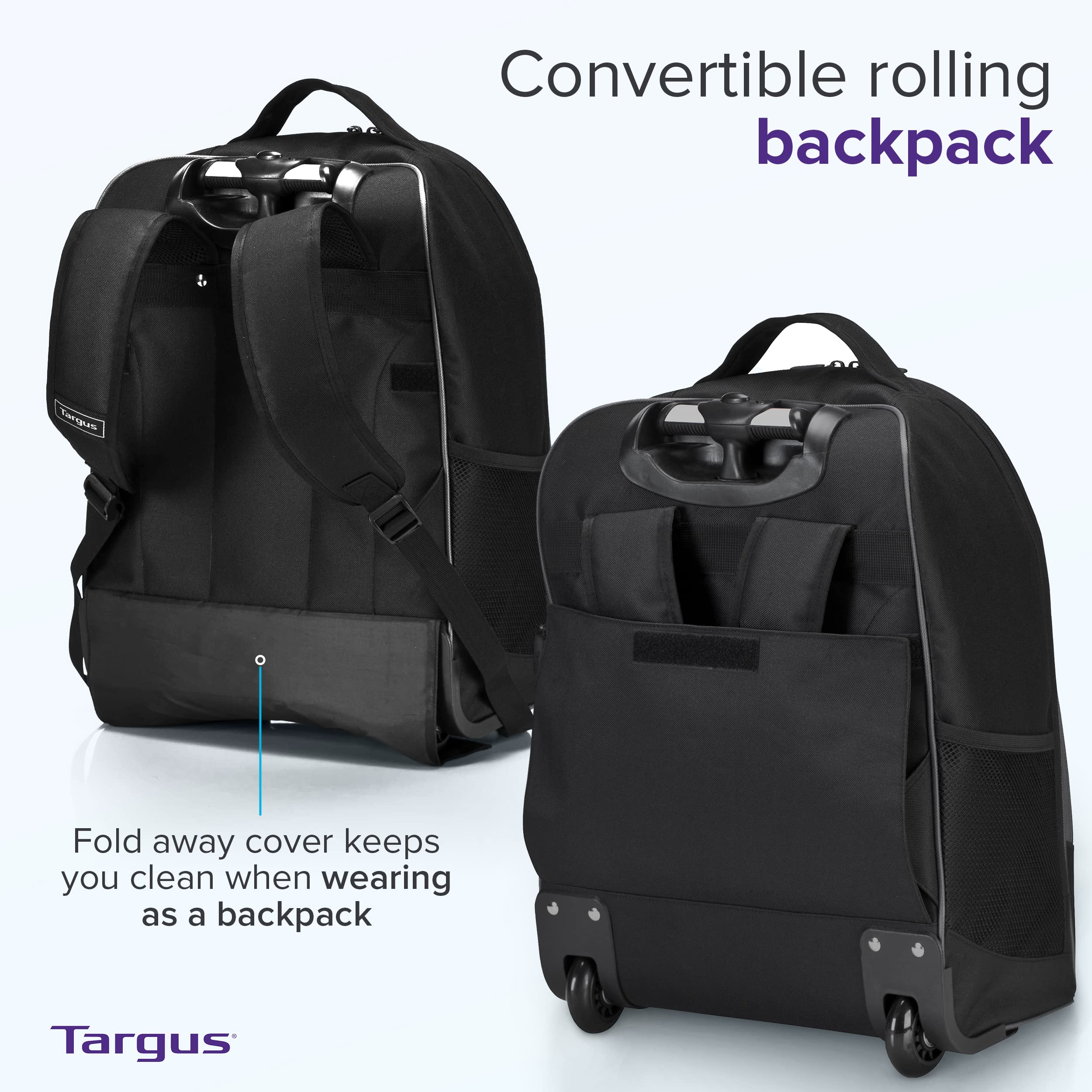 Targus 16 Inch Compact Rolling Backpack, Black - Wheeled Travel Bag with Removable Protective Laptop Sleeve, Fits Laptops Up to 16” and MacBook Pros up to 17” (TSB750US)