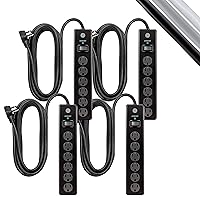 GE 6-Outlet Surge Protector, 4 Pack, 15 Ft Extension Cord, Power Strip, 800 Joules, Flat Plug, Twist-to-Close Safety Covers, Protected Indicator Light, UL Listed, Black, 54652