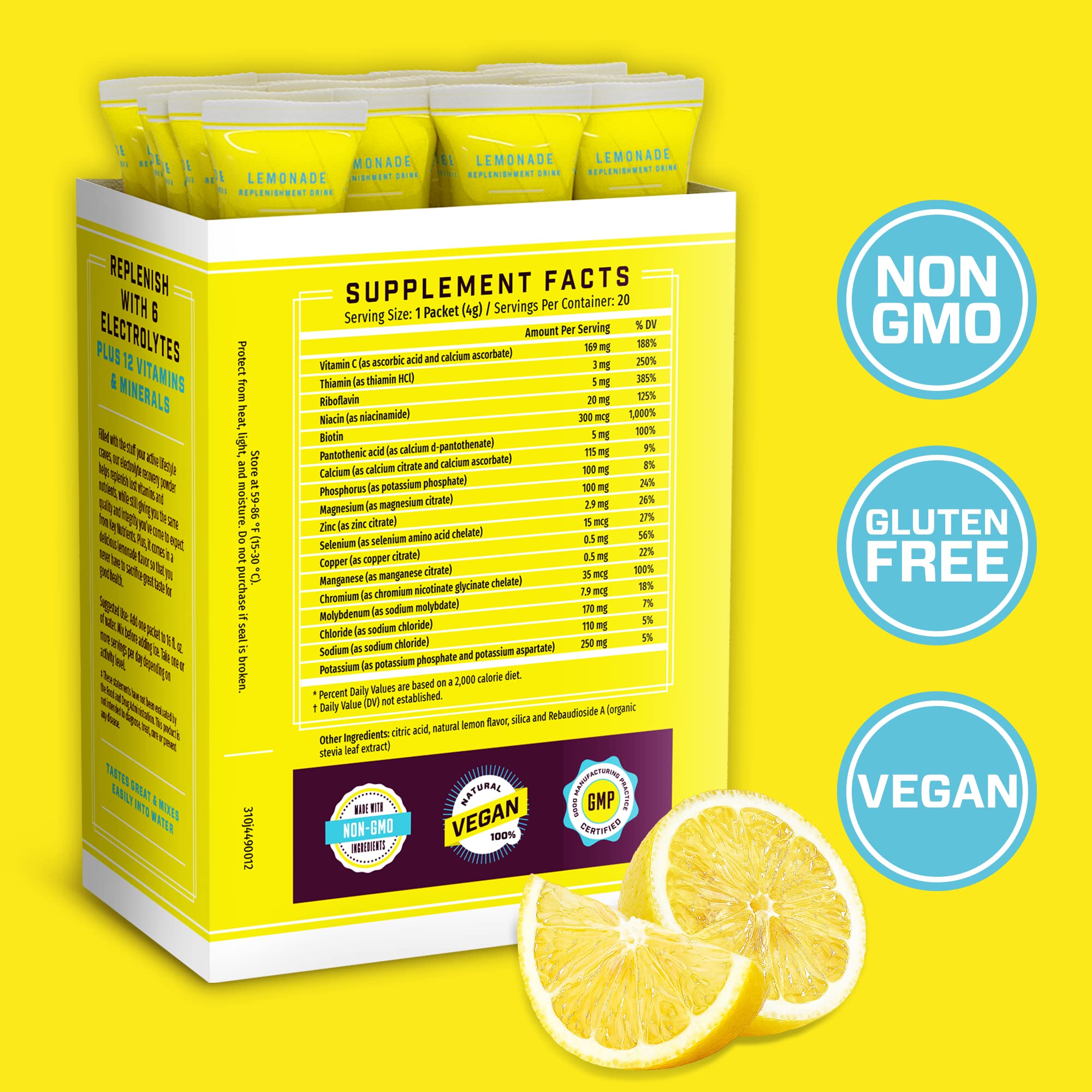 KEY NUTRIENTS Electrolytes Powder Packets - Refreshing Lemonade 20 Pack Hydration Packets - Travel Hydration Powder - No Sugar, No Calories, Gluten Free - Made in USA