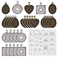 HOMEIDOL Resin Jewelry Molds Pendant Trays Making Kit with 30Pcs 5 Styles Metal Pendant and 1 Pc Silicone Epoxy Jewelry Casting Molds for Pendant Crafting DIY Jewelry Gift Making