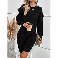 TLULY Sweater Dress for Women Ruffle Trim Lantern Sleeve Sweater Dress Sweater Dress for Women (Color : Black, Size : Small)
