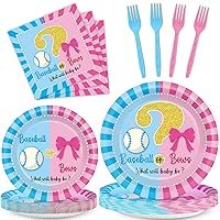 96pcs Gender Reveal Decorations Baseball or Bows Gender Reveal Paper Disposable Plates and Napkins Boy or Girl Gender Reveal Party Supplies Blue or Pink Gender Reveal Party Tableware Serves 24