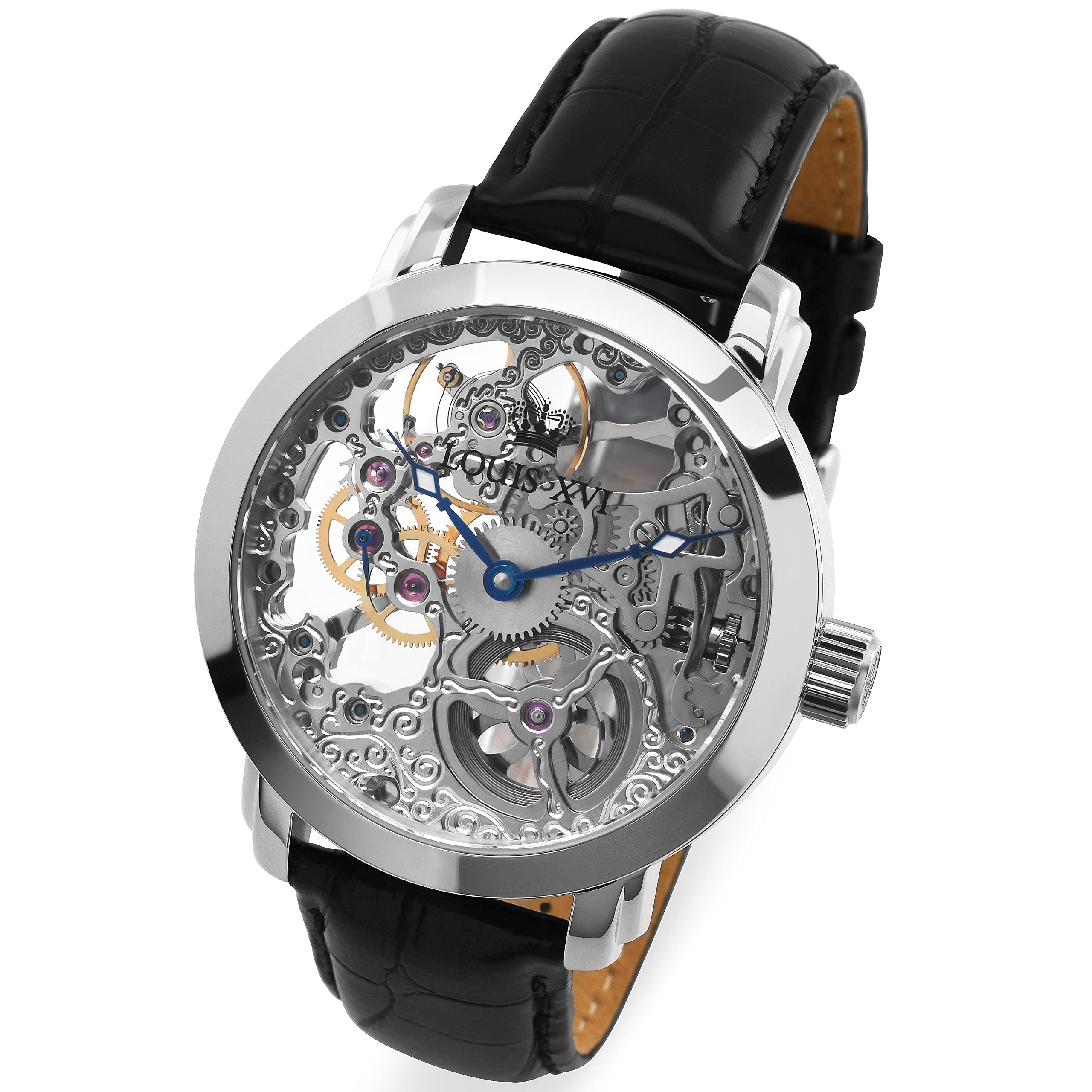 LOUIS XVI Herren-Armbanduhr Versailles Silber Handaufzug Mechanisch Skeleton Analog PU-Leder Schwarz 334