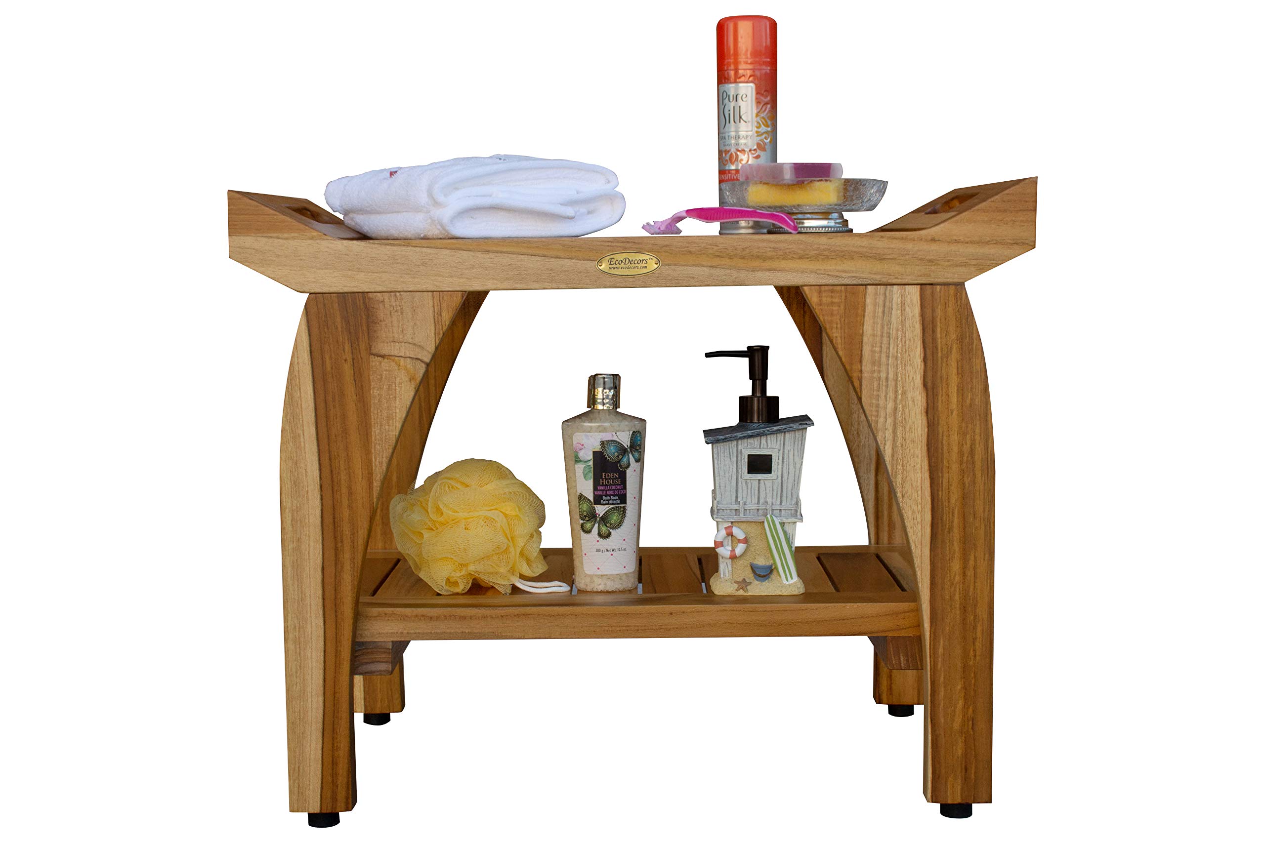 EcoDecors Earthy Teak Tranquility Shower Bench Natural Wood Shower Stool With Storage Shelf and LiftAide Arms for Indoors and Outdoors -24 inches Length