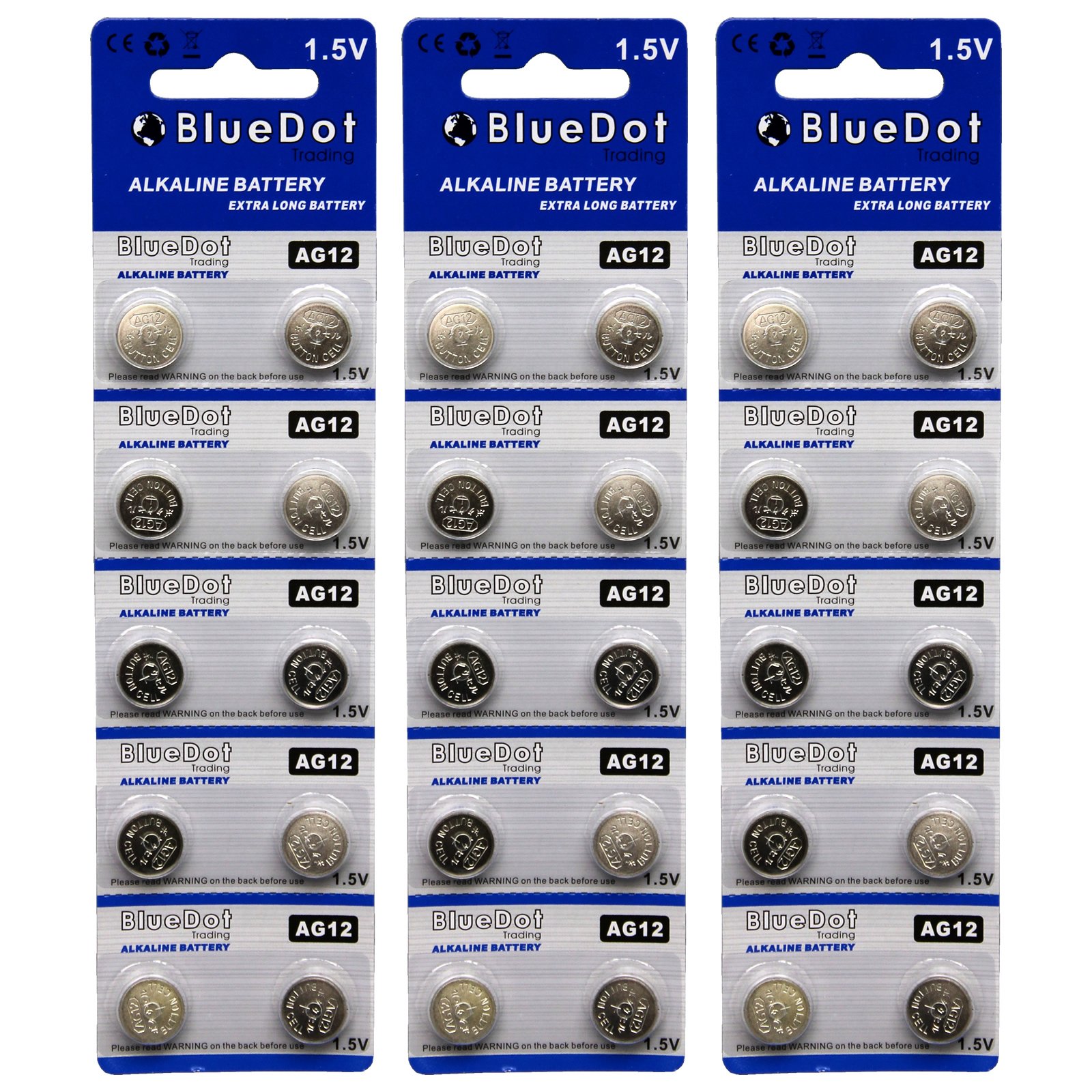 BlueDot Trading AG12 LR43 SR43 260 386 1.5V Alkaline Coin Cell Battery for Watch, Hearing Aid, Calculator, Flashlights, Keyless entry, Blister Pack - 30 Count