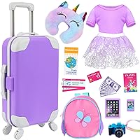 K.T. Fancy 23 pcs American 18 Inch Doll Accessories Suitcase Travel Luggage Play Set for 18 Inch Doll Travel Carrier, Sunglasses Camera Computer Phone Pad Travel Pillow Passport Tickets Cashes