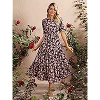 Dresses for Women Allover Floral Print Layered Hem Dress (Color : Black, Size : Small)