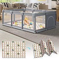 Large Baby Playpen with Mat, 74‘’×50‘’×27‘’ Baby Playpen for Babies and Toddlers, Baby Fence Play Pen for Indoor & Outdoor, Sturdy Safety Play Yard with Soft Breathable Mesh, Grey