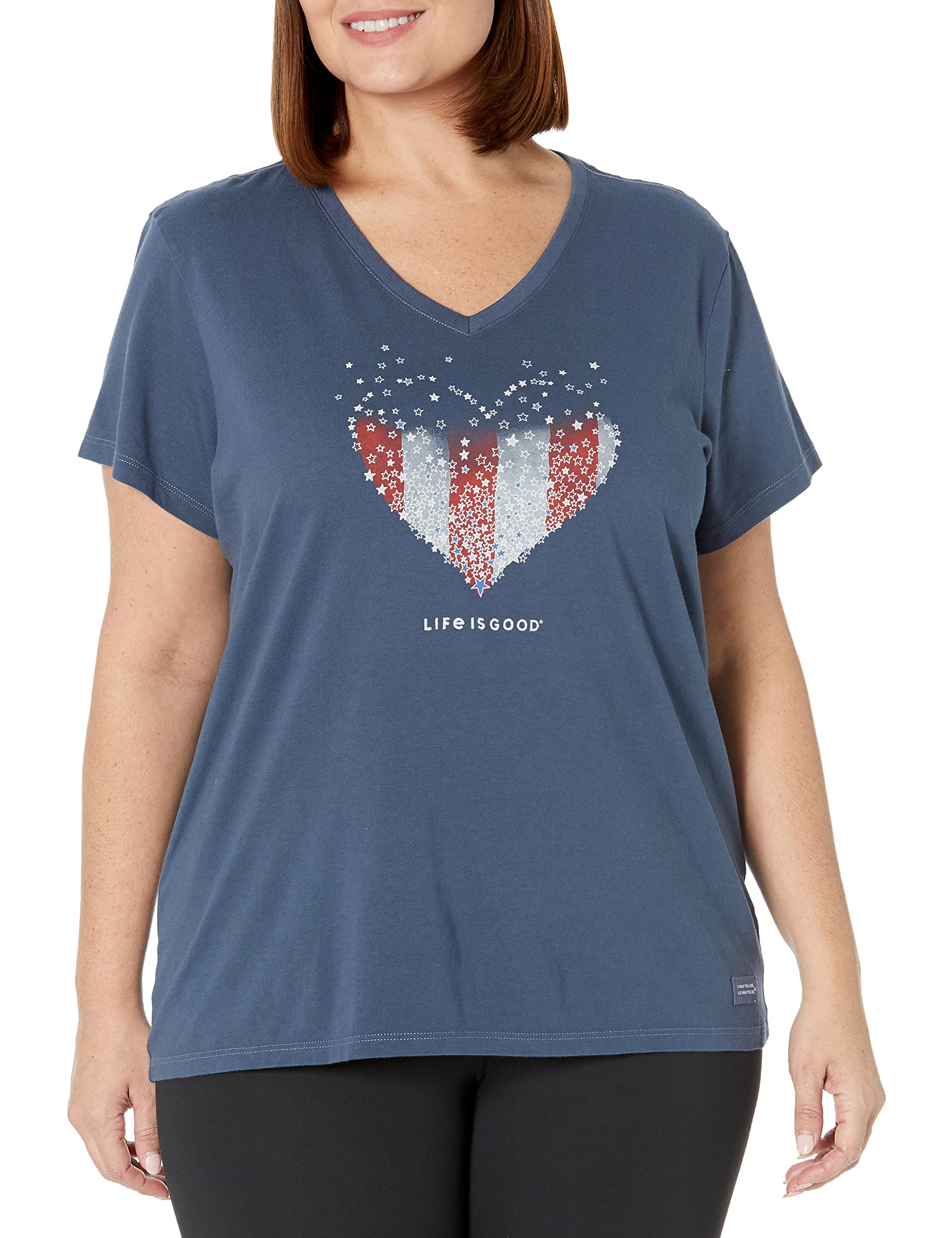 Life is Good Women's Crusher Graphic V-Neck T-Shirt Heart Stars and Stripes
