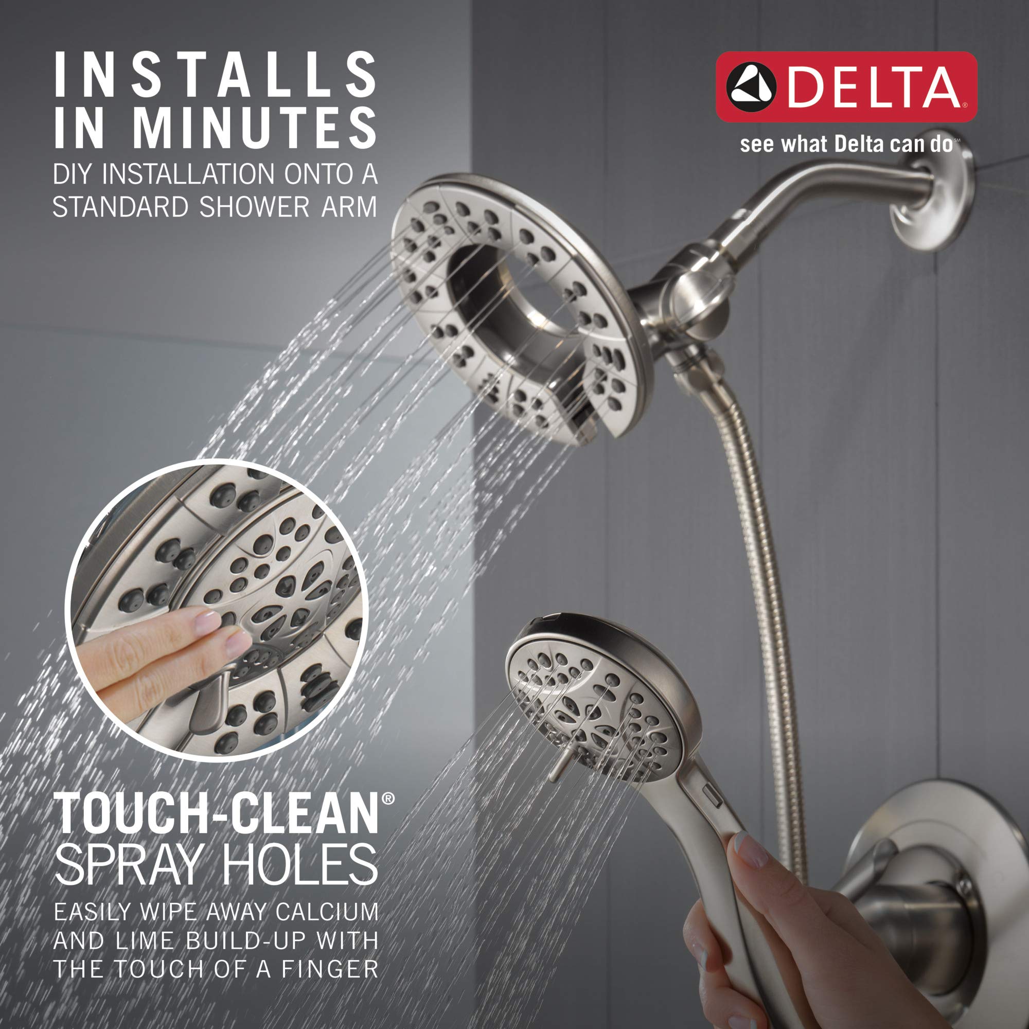 Delta Faucet Arvo 14 Series Single-Handle Shower Faucet, Shower Trim Kit with 4-Spray In2ition 2-in-1 Dual Hand Held Shower Head with Hose, SpotShield Stainless 142840-SP-I (Valve Included)