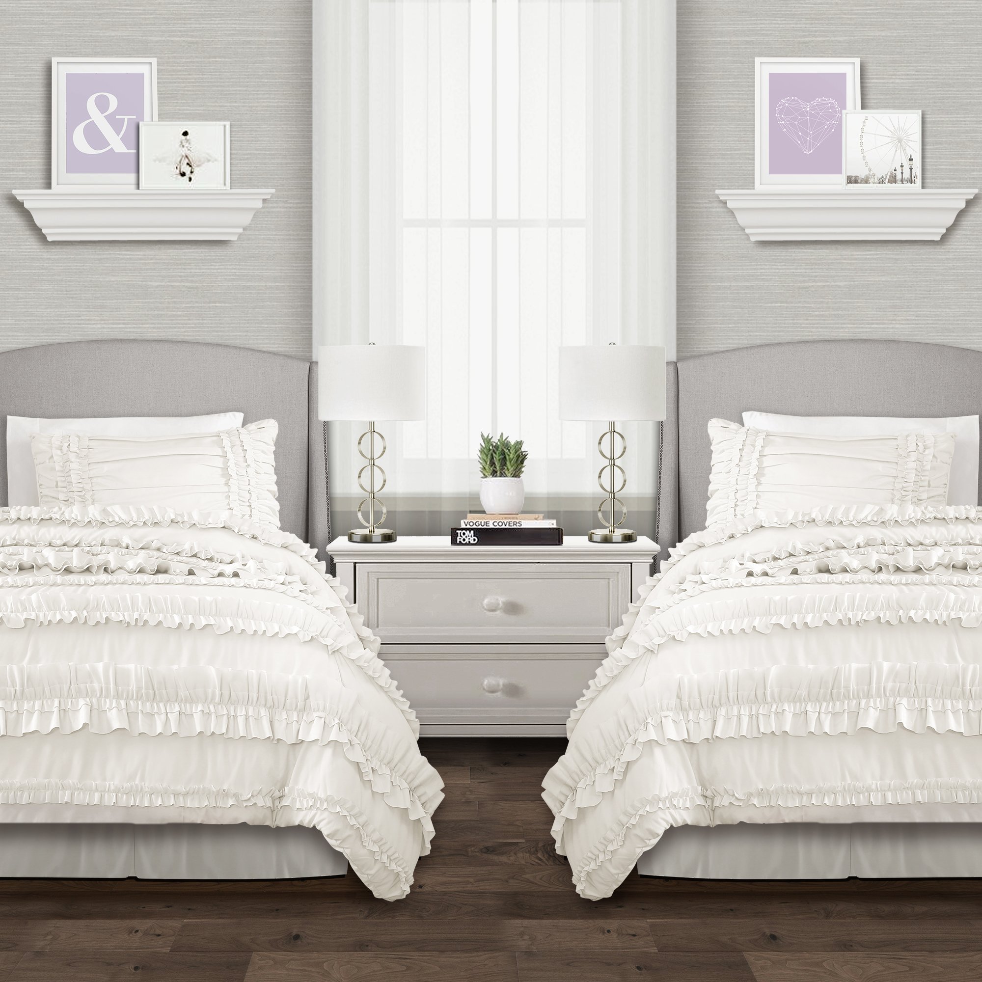 Lush Decor Belle 3 Piece Ruffled Vintage Chic White Comforter Set with Bed Skirt and Pillow Sham, Twin XL