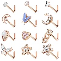 DOLOTTA 12PCS 20G Surgical Steel Nose Rings Studs for Women Men CZ Moon Star Butterfly Nose Rings L Shaped Opal Snowflake Flower Nose Studs
