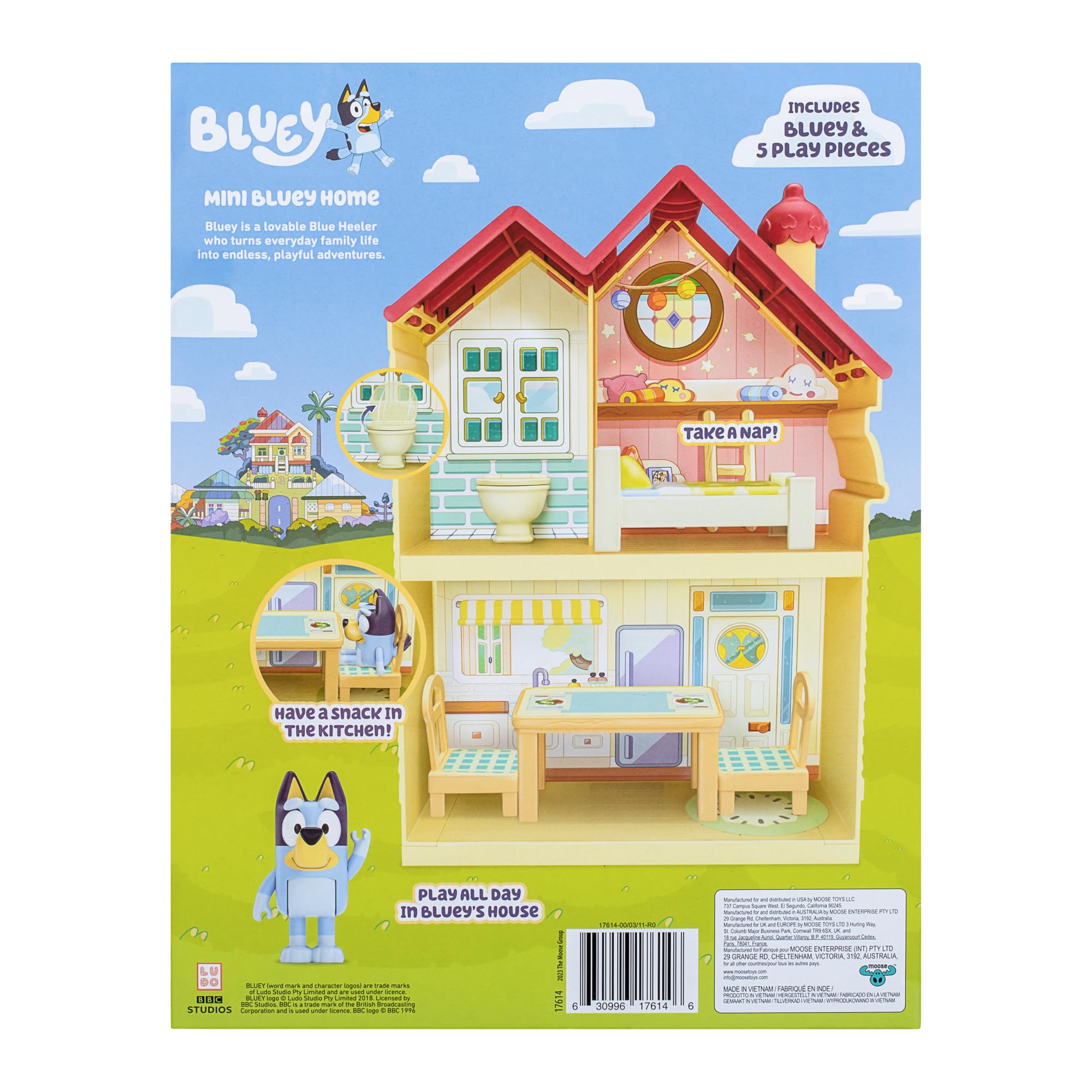 BLUEY Mini Home Playset | Compact House Playset with Carry Handle | Three Different Rooms | Kitchen, Bedroom and Bathroom | Includes Figure with 5 Play Pieces