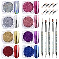 Nail Powder Wenida 8 Colors Holographic Chrome Mirror Laser Resin Pigment with 8 pcs Eyeshadow Sticks and Nail Brush 5 pcs Luminous Liner Dotting Double-ended Manicure Tools