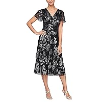 S.L. Fashions Women's Short Sleeve Tea Length V-Neck Tier Dress with Ruched Waist