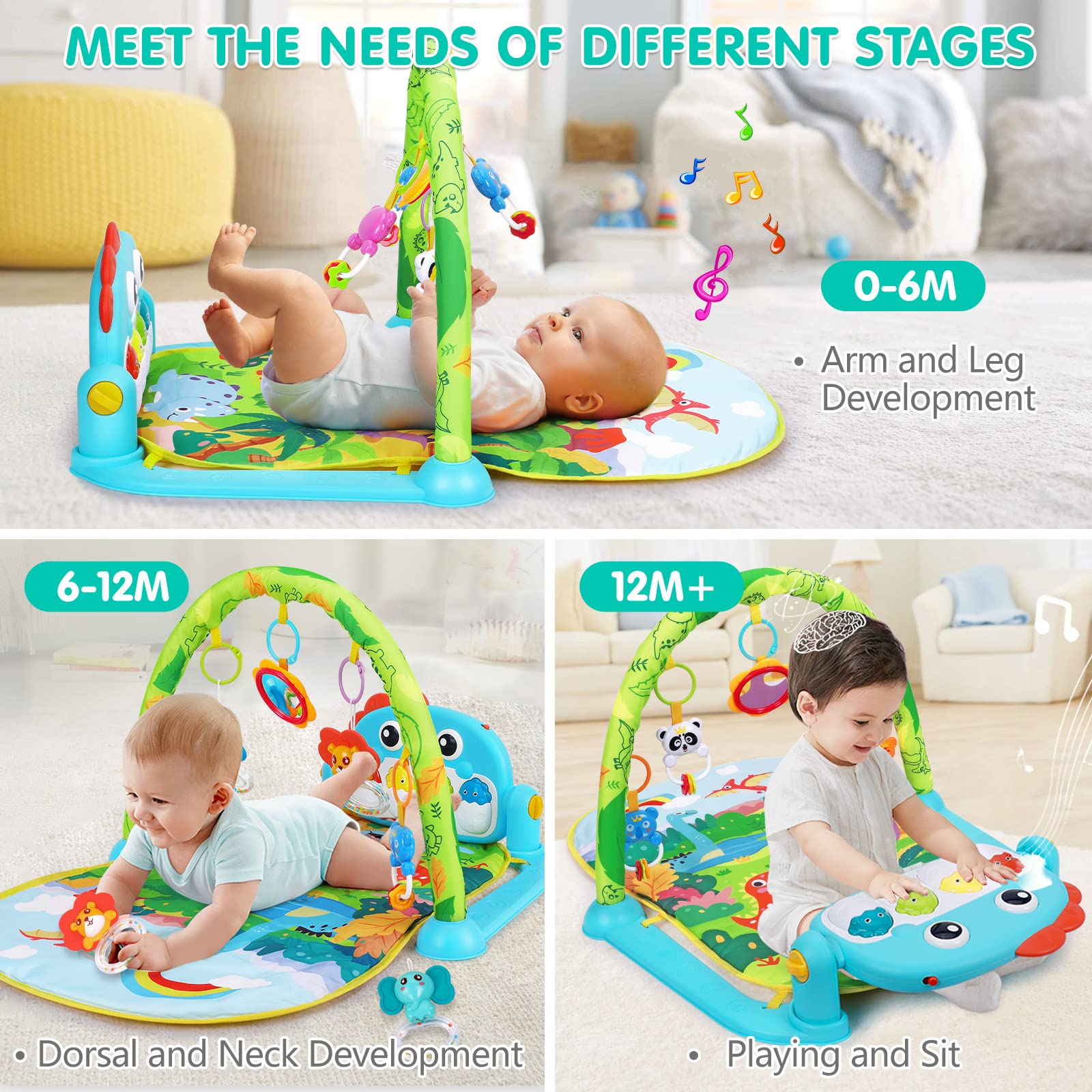 Baby Gym Play Mats Baby Toys Tummy Time Mat Toys Musical Activity Center for Newborn Infant Toys Piano Baby Play Mat Music & Light Newborn Infant Gifts for Baby Toys 0-3 6 9 12 Months, Dinosaur Style