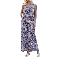 RAISEVERN Jumpsuits for Women Summer Sleeveless Allover Print Cami Romper Wide Leg Jumpers Vacation Outfits with Pockets