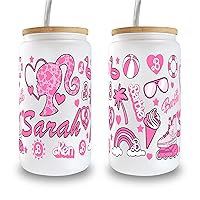 Sip Sip Hooray Frosted 16oz Barbie Girl Personalized Tumbler With Name Glass Cup, Barbi Pink Doll Custom Iced Coffee Design Glass Tumbler Personal Name Let’s Go Party