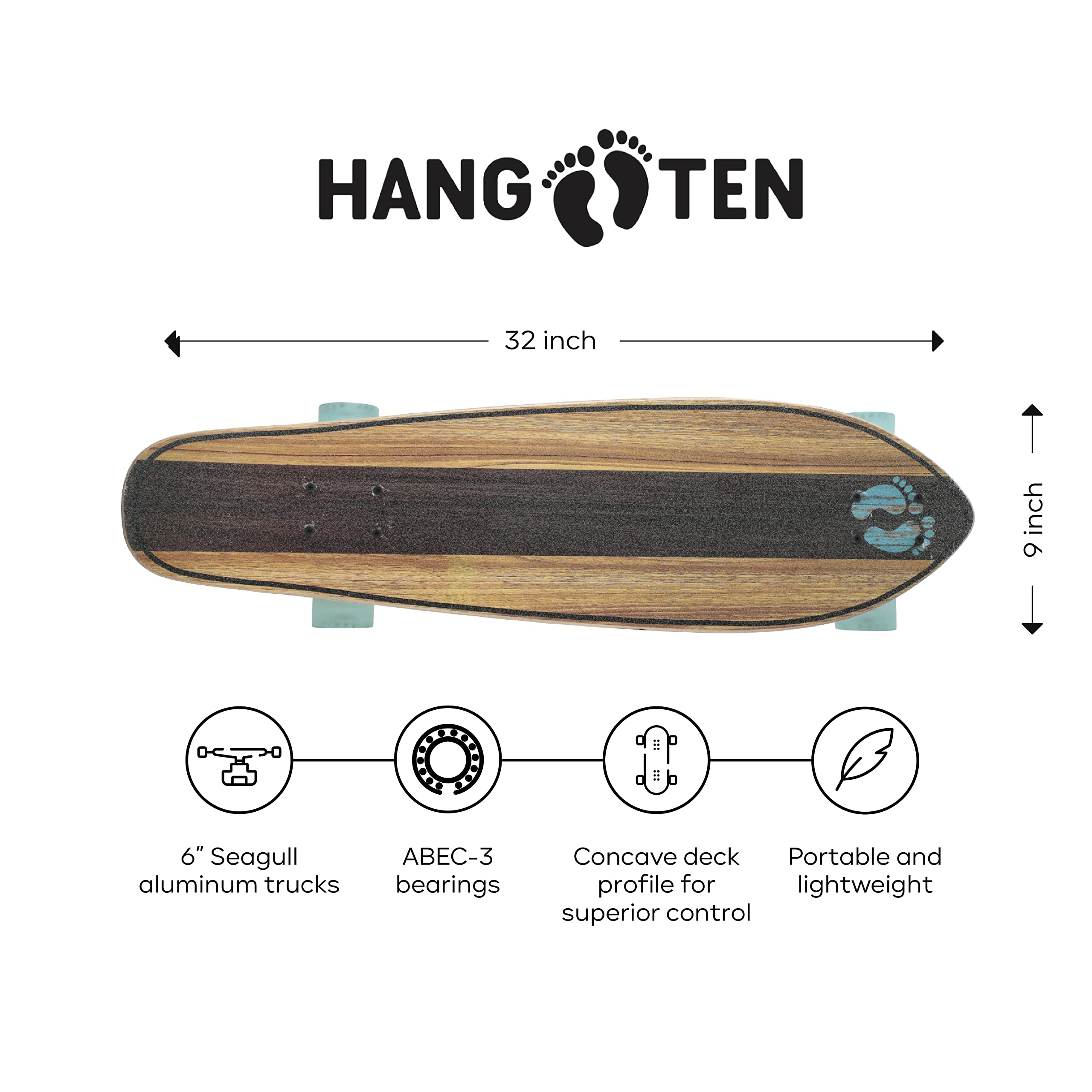 Sakar Hang Ten Complete Cruiser, Skateboard Longboard, Black/Brown, 32