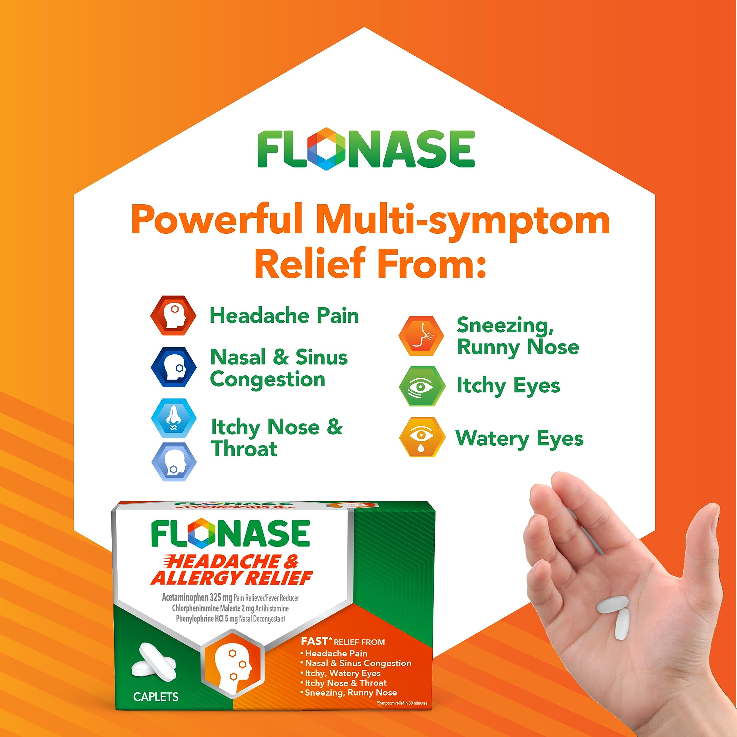 Flonase Headache and Allergy Relief Caplets with Acetaminophen 650 mg, Chlorpheniramine Maleate 4 mg and Phenylephrine HCl 10 mg Per 2 Caplet Dose - 96 Caplets