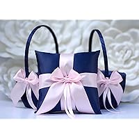 One Ring Pillow and Two Flower Girl Baskets in Navy Blue and Pink Color
