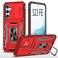 Samsung Galaxy S23 FE 5G Phone Case with Slide Camera Cover Ring Stand Magnetic Kickstand S 23 EF 23FE S23FE Slim Heavy Duty Shockproof Protective Military Grade Cases Cover Red