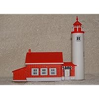 Jacobsville Lighthouse Scale Model, Red, White, Black windows and brown mounting base, Size Appx. 5.68 l X 2.5 W X 5.12 H
