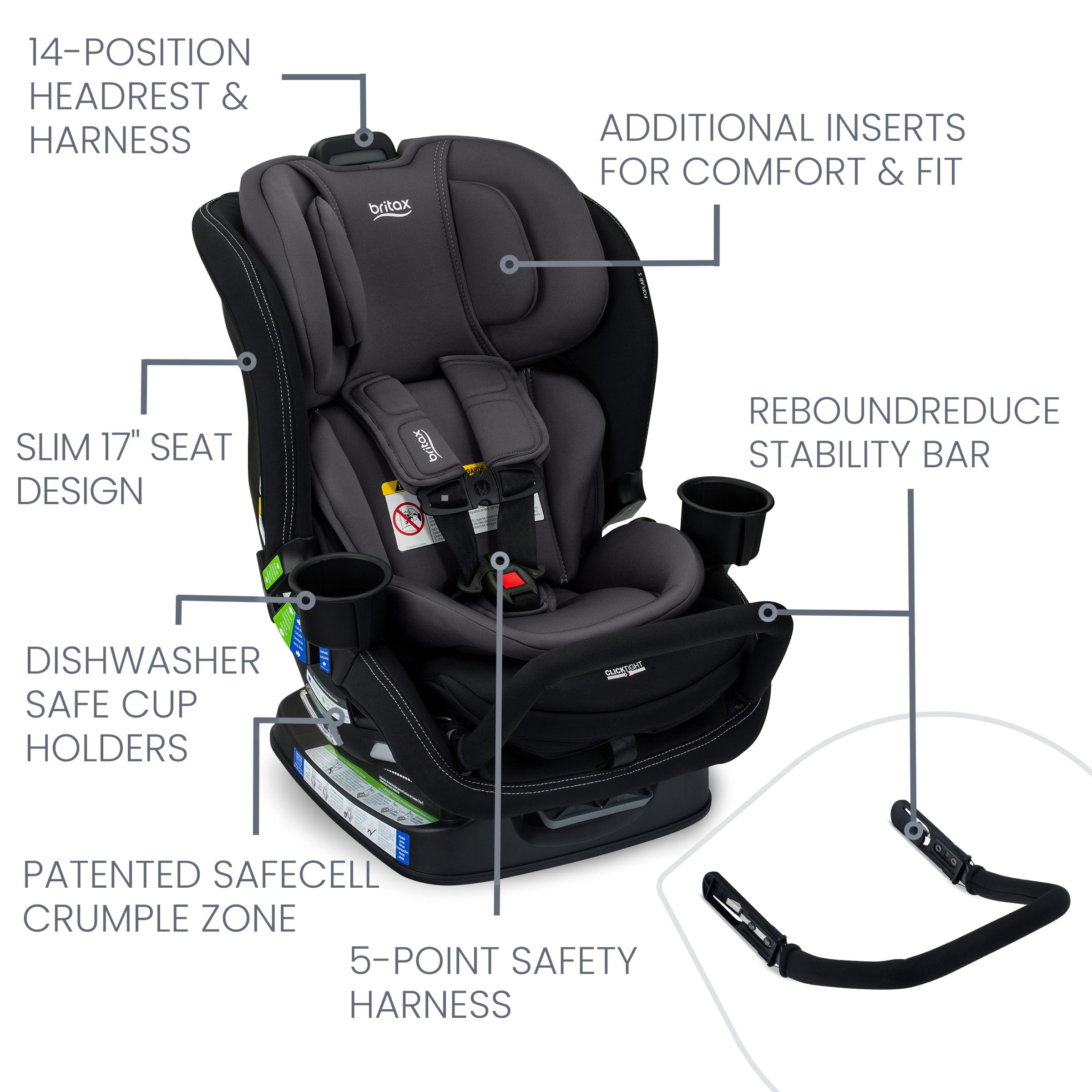 Britax Poplar S Convertible Car Seat, 2-in-1 Car Seat with Slim 17-Inch Design, ClickTight Technology, Stone Onyx