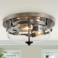 Flush Mount Ceiling Light, Farmhouse Light Fixtures Ceiling with Faux Wood Finish and Seeded Glass Cover, W13.5 x H6.5