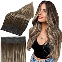 Full Shine Brown Wire Hair Extensions 16 Inch Invisible Wire Extensions Human Hair Balayage Mocha Brown to Walnut Brown with Butter Blonde Headband Wire Human Hair Extensions 80g
