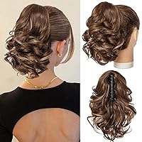 Ponytail Extensions,10 inch Short Claw Clip on Ponytail Extensions Chocolate Brown with Highlights Synthetic Curly Wavy Pony Tails Hairpieces for Women Daily