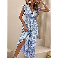 Women's Dress Ditsy Floral Print Butterfly Sleeve Shirred Ruffle Hem Dress (Color : Blue, Size : X-Large)