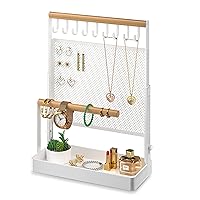 Jewelry Organizer Stand, Liftable Necklace Holder with Earring Organizer Net, 9 Hooks Necklaces Storage Wooden Handing Bar for Bracelets Watches Rings (White)
