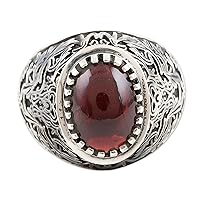 NOVICA Artisan Handmade Men's Garnet Single Stone Ring .925 Sterling Silver Cocktail India Birthstone Gemstone 'Burning Hearth'
