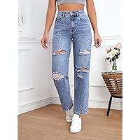 Jeans for Women- Ripped Straight Leg Jeans (Color : Dark Wash, Size : W28 L32)