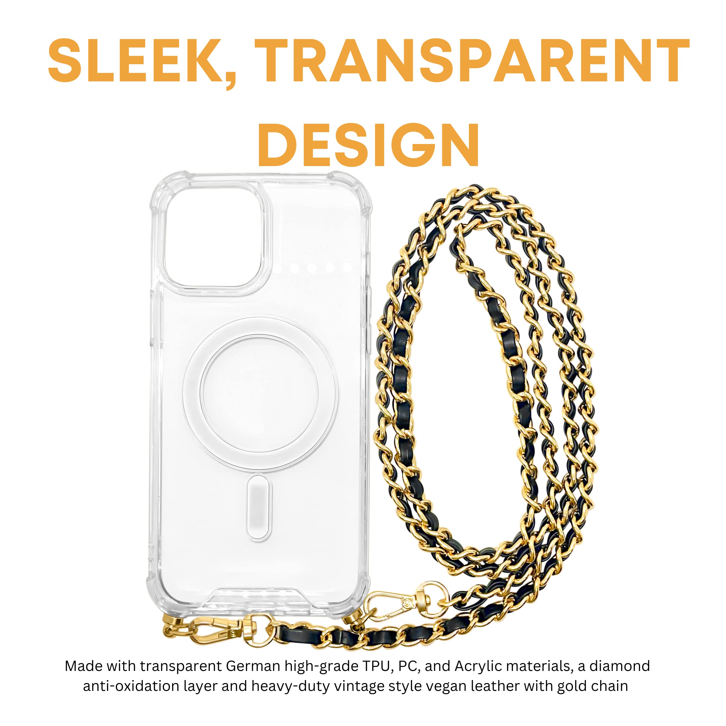 Aporia - iPhone 15 Series MagSafe Clear Case with Crossbody Chain | Built in Hook & Black & Gold Shoulder Strap | Compatible for MagSafe Wireless Charging + Luxury Design (iPhone 15 Pro Max)