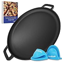 16 Inch Cast Iron Pizza Pan Round Griddle by StarBlue with FREE Silicone Handles and 30 Recipes Ebook– Pre-Seasoned Comal, Kitchen Essentials for Pizza Lovers, Baking, Grill, BBQ, Stove Oven Safe