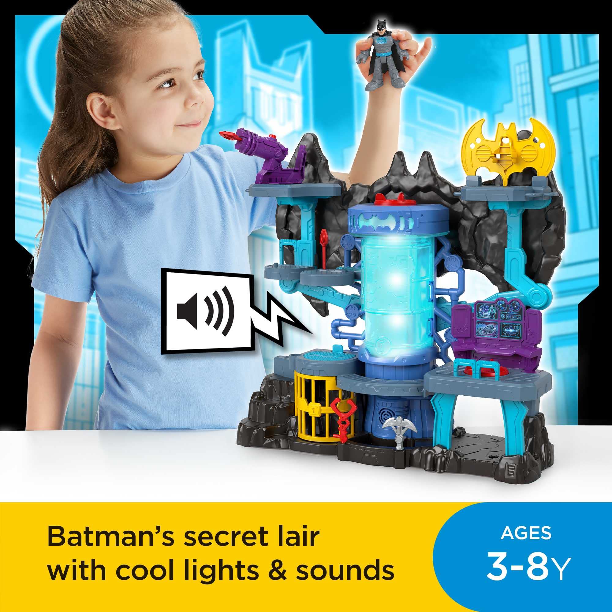 Fisher-Price DC Super Friends Imaginext Batman Figure and Bat-Tech Batcave Playset with Lights & Sounds for Preschool Pretend Play, 6 Play Pieces