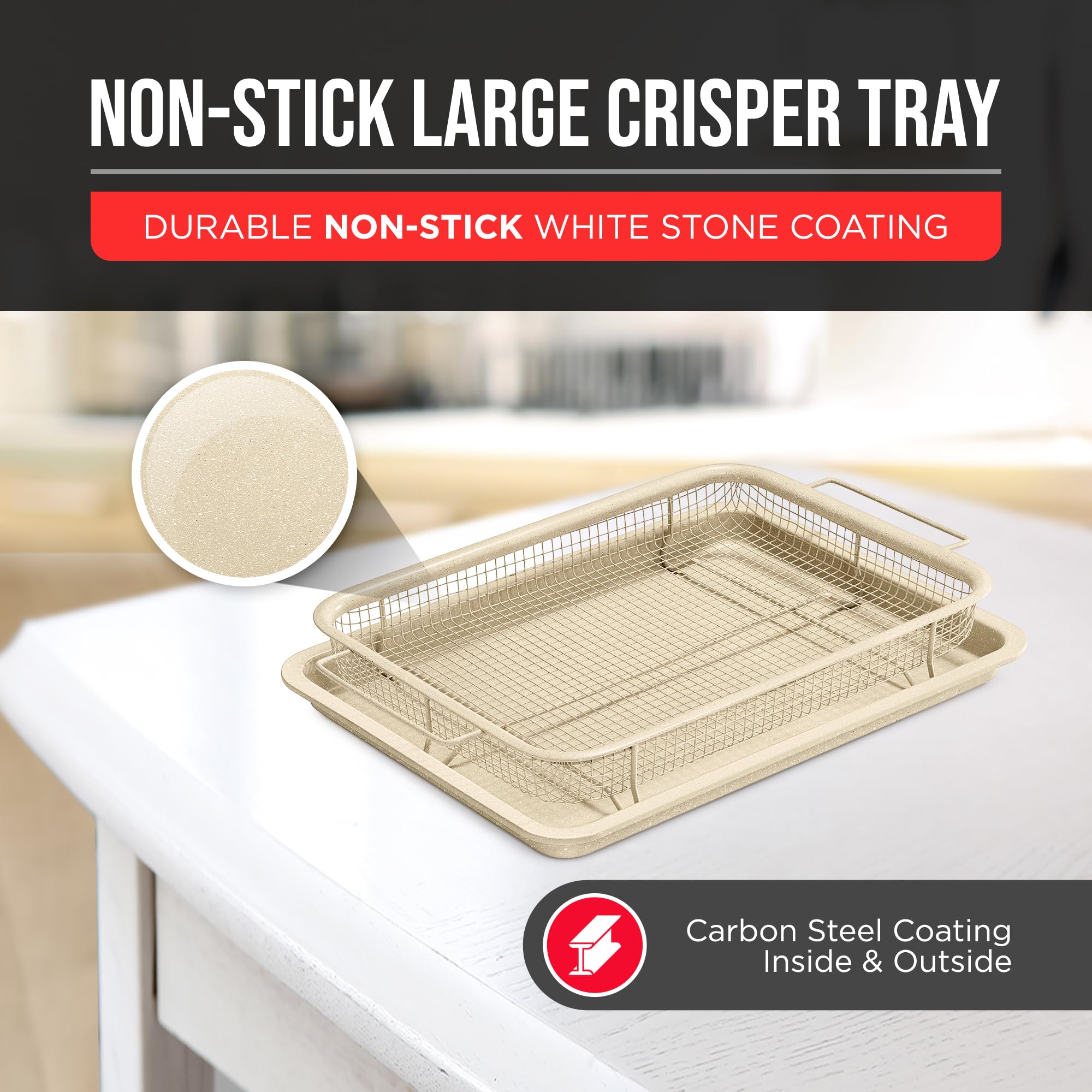 Bakken Swiss Crisper Tray - 2-Piece Set – White Marble, Non-Stick Basket Design for Healthier Cooking in Regular Ovens - Achieve Perfectly Crispy Chips, Bacon and More