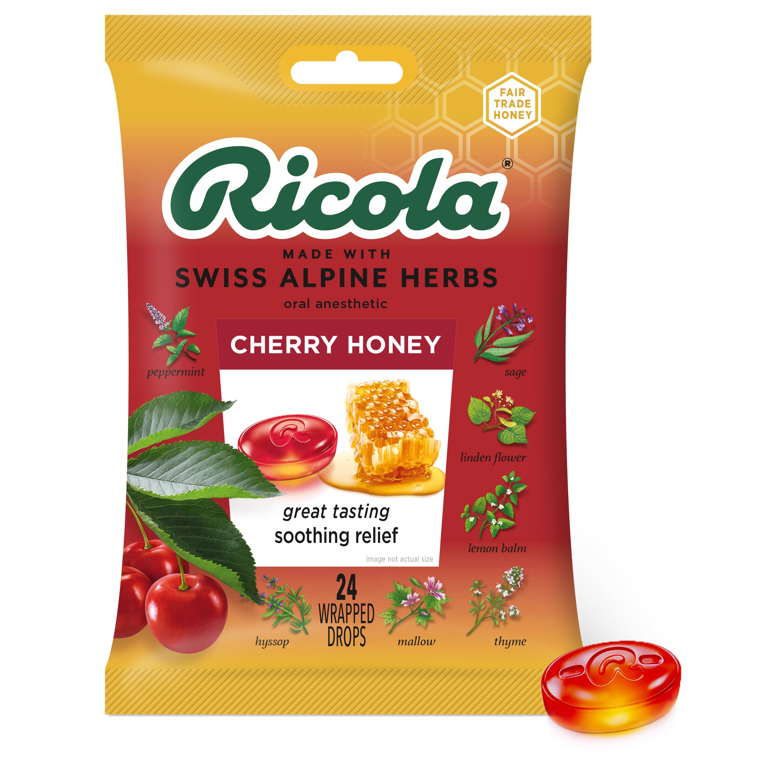 Ricola Herb Throat Drops, Cherry Honey, 24 Count