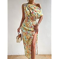 Women's Dresses Allover Floral Print Asymmetrical Neck Split Thigh Dress Dress for Women (Color : Multicolor, Size : Large)