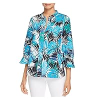 Womens Turquoise Floral 3/4 Sleeve Mandarin Collar Top S