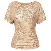 GRACE KARIN Women 2024 Summer Sequin Top Cowl Neck Batwing Sleeve Ruched Sparkly Glitter Party Blouse