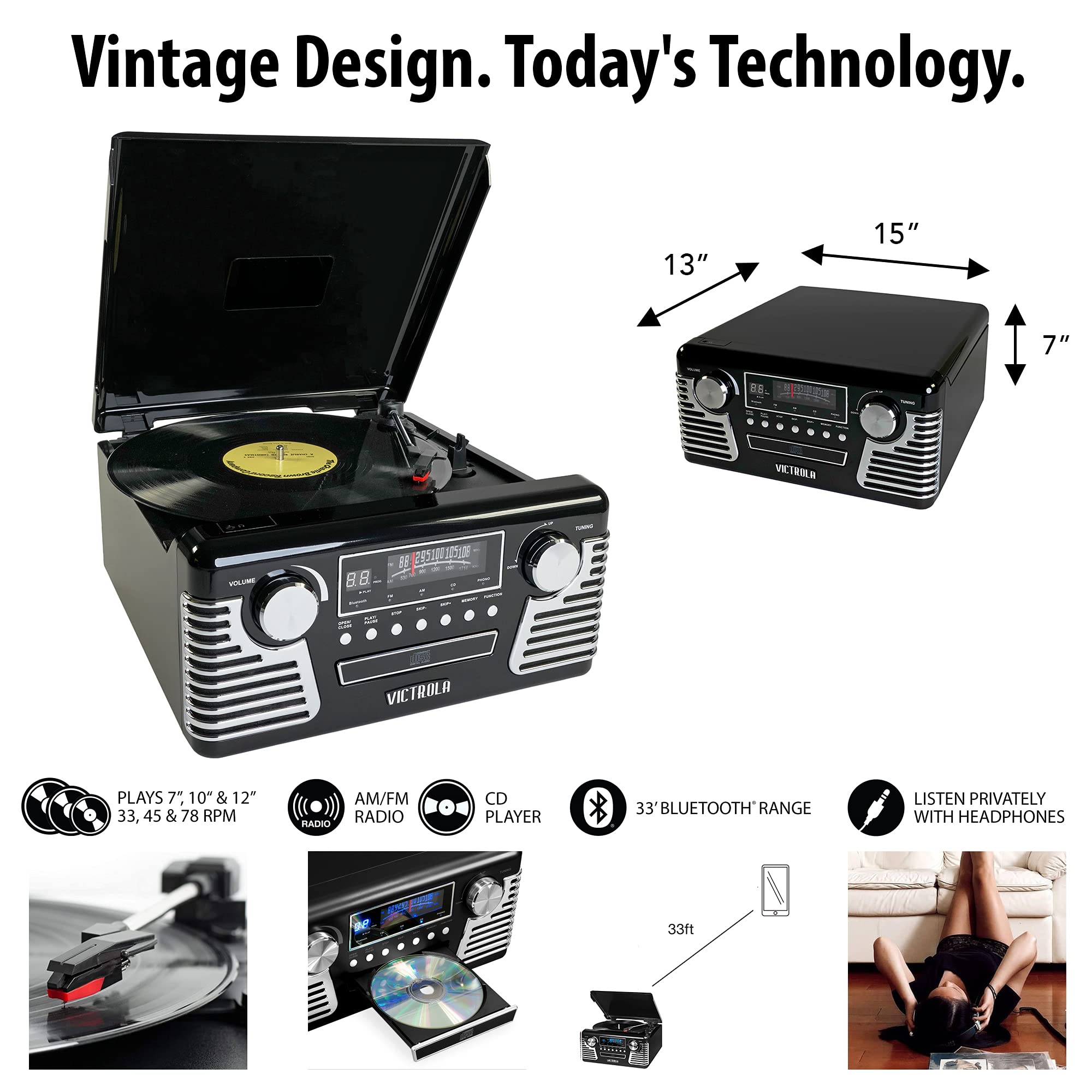 Victrola 50's Retro Bluetooth Record Player & Multimedia Center with Built-in Speakers - 3-Speed Turntable, CD Player, AM/FM Radio | Vinyl to MP3 Recording | Wireless Music Streaming | Black