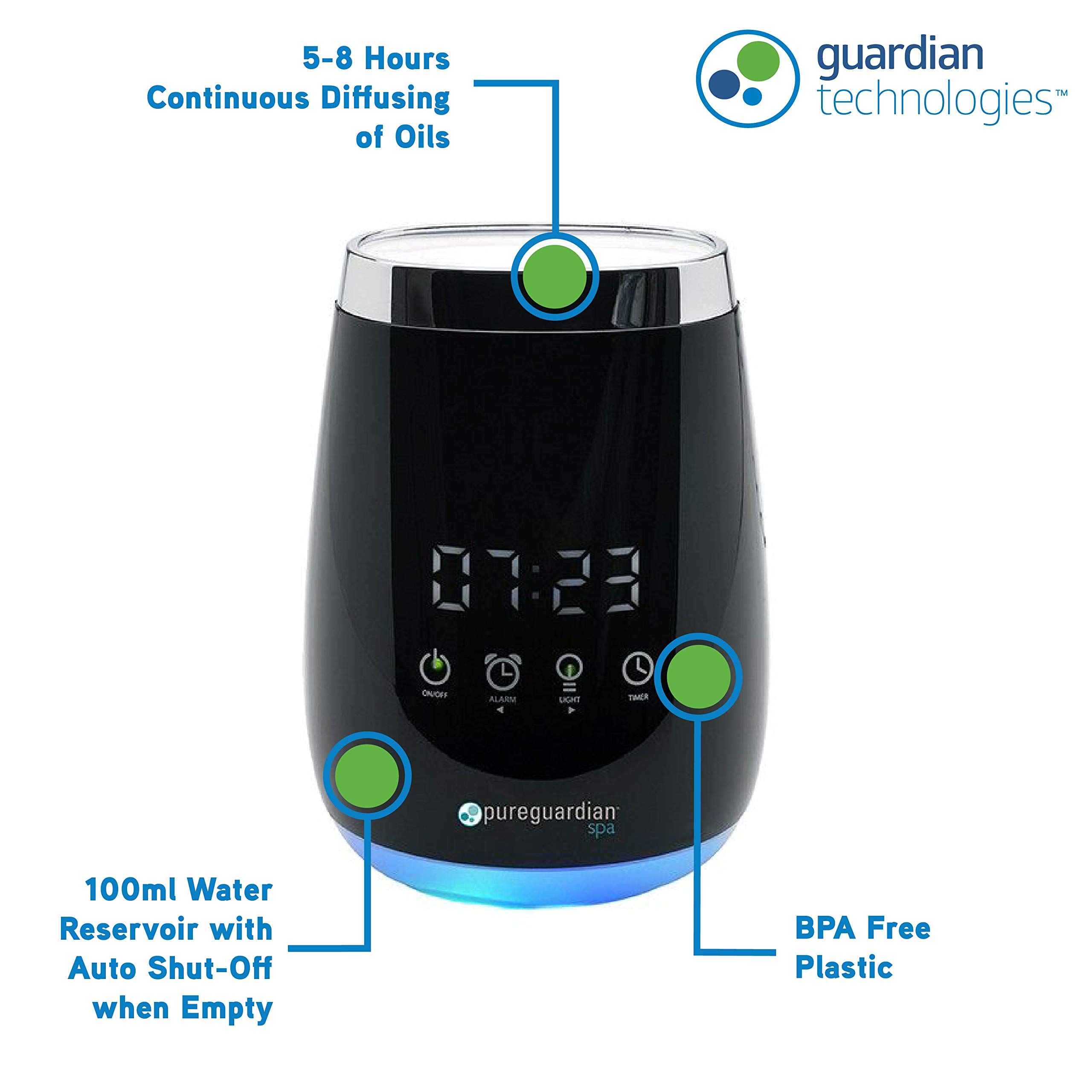 PureGuardian Guardian Technologies Diffuser for Essential Oils, Ultrasonic, Cool Mist, Aromatherapy Creates Relaxing Environment, Optional Night light, Alarm Clock, Timer, Up to 5-8 hours, SPA260