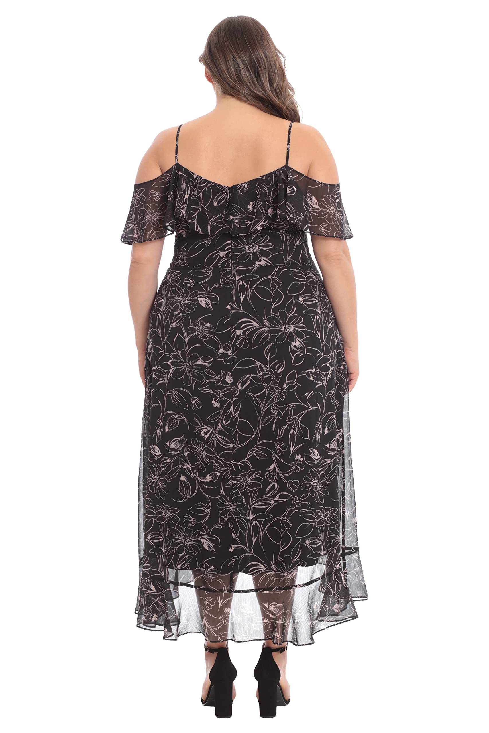 London Times Women's Floral Printed Cold Shoulder Faux Wrap Hi-Low Maxi Dress with Ruffle Details